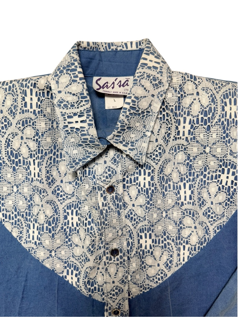 Vintage 80s Saísa Western Lace Bib Shirt Blue Made USA Medium - Picture 4 of 8